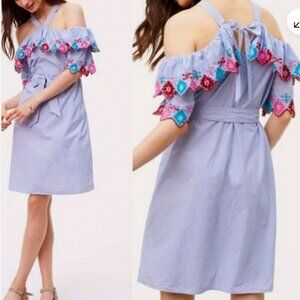 LOFT Embroidered Striped Fiesta Dress Size L Off The Shoulder Blogger Fave